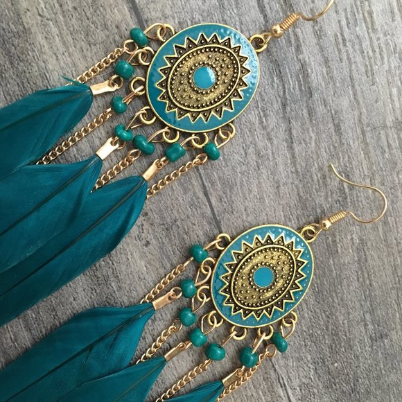 Boho Teal & Gold Moroccan Style Dangle Earrings - Picture 6 of 6